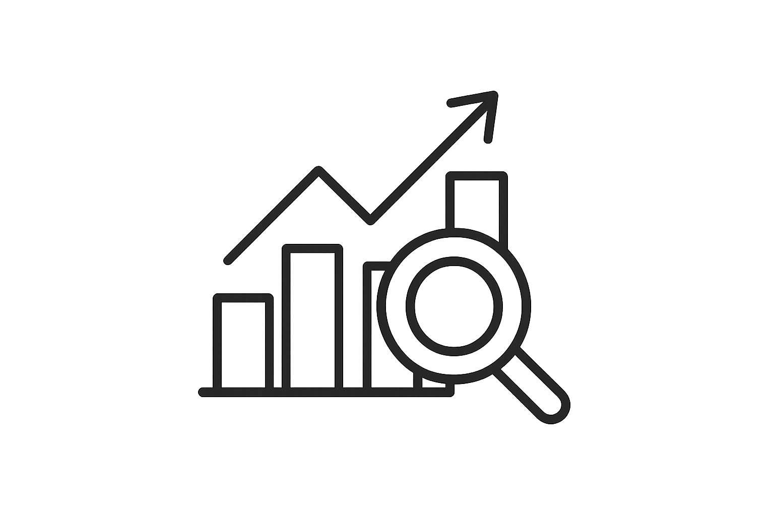 A black line icon of a chart with upwards motion and a spy glass with trabnsparent background 