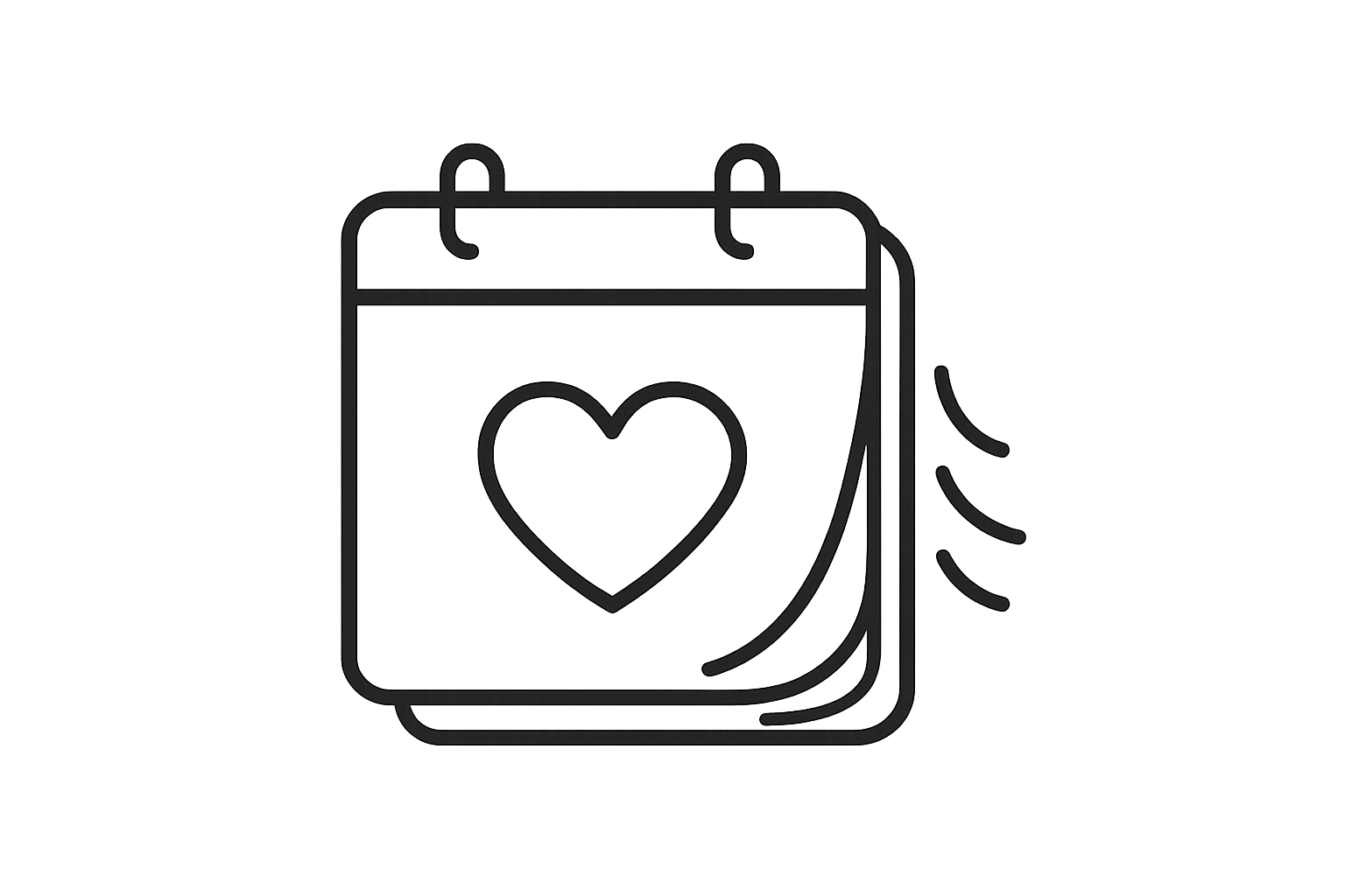 a black mid thin lined icon of a calander with pages flapping and a simple black lined love heart on the front page and a trasnparent background 